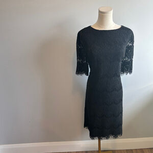 Black Lace Women's Short Sleeve Sheath Midi Dress, SZ L